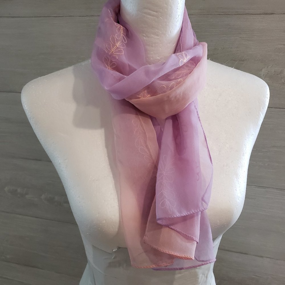 Indian Pink to Purple Ombre Silk Scarf with Embroidery
